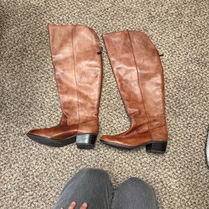 8.5 size Cognac Leather Over-the-Knee Riding Boots, wide calf, low heel